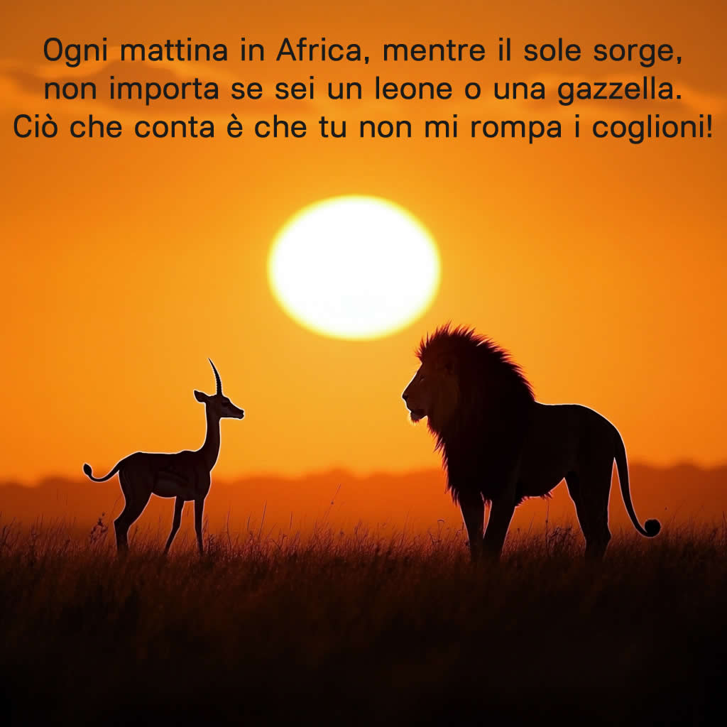 Ogni mattina in Africa, mentre il sole sorge, non importa se sei un leone o una gazzella. Ciò che conta è che tu non mi rompa i coglioni!