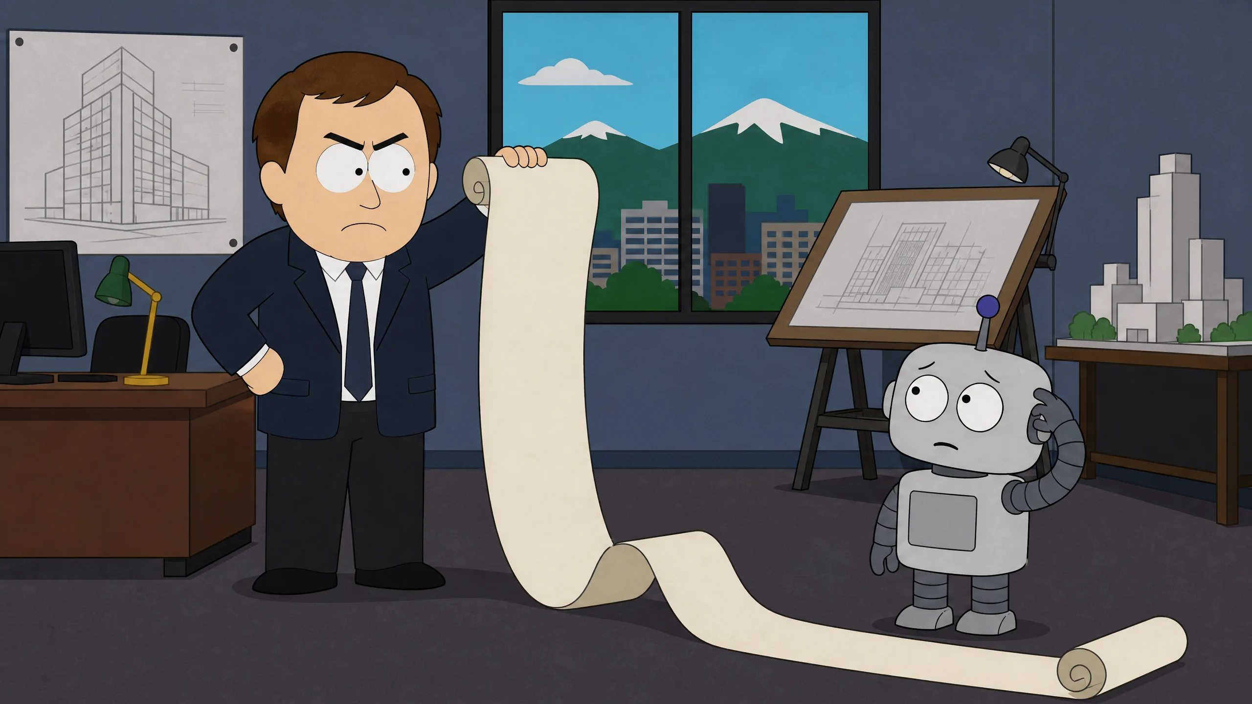 Architetto cartoon severo che controlla i log di un agente AI