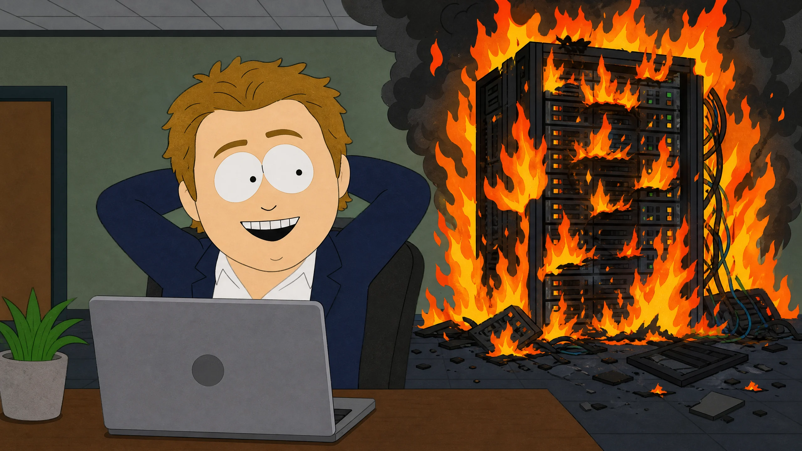 Personaggio cartoon sorridente al computer con server in fiamme sullo sfondo