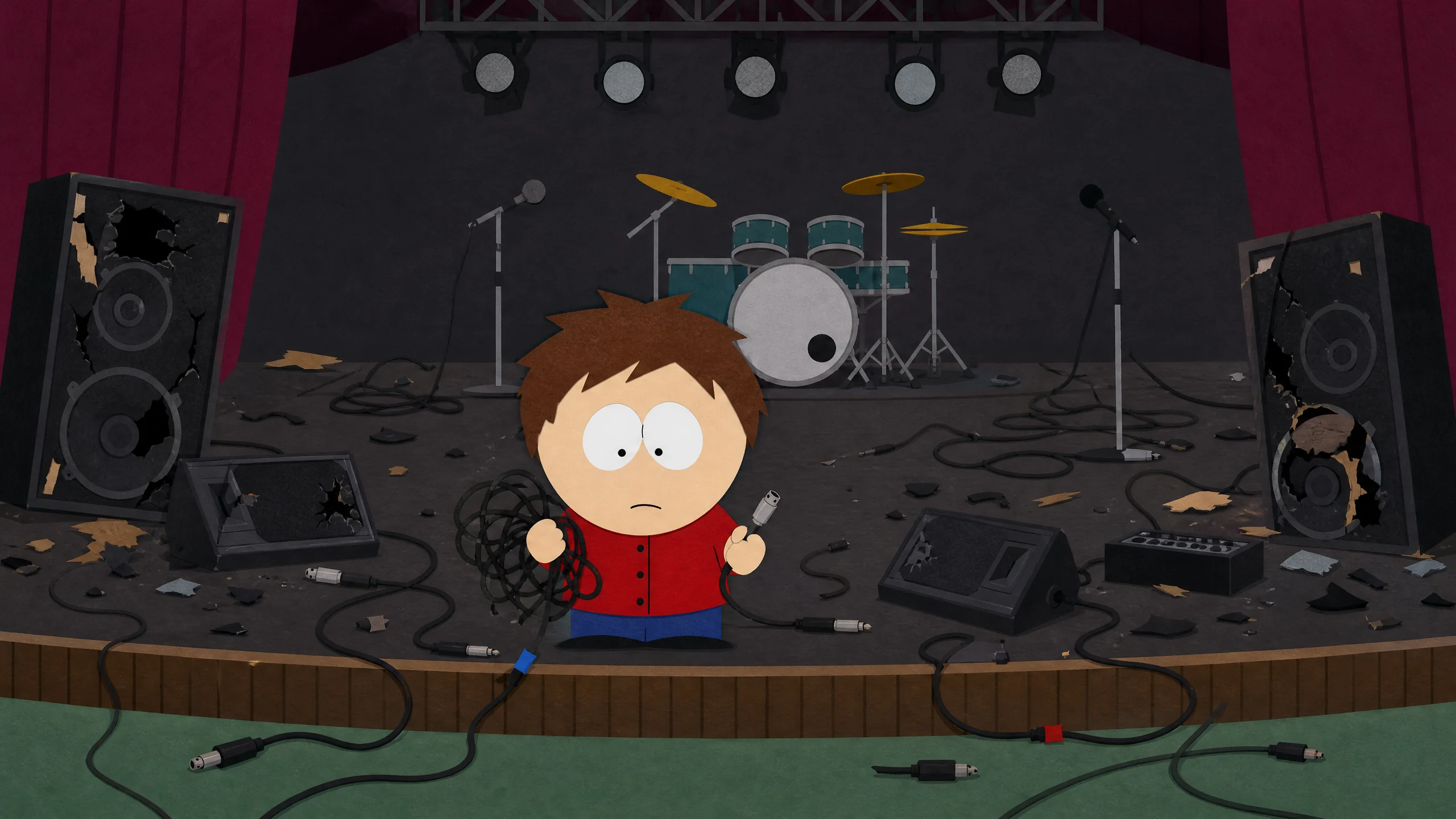 Tecnico cartoon su un palco pieno di cavi, monitor e controlli del mixer