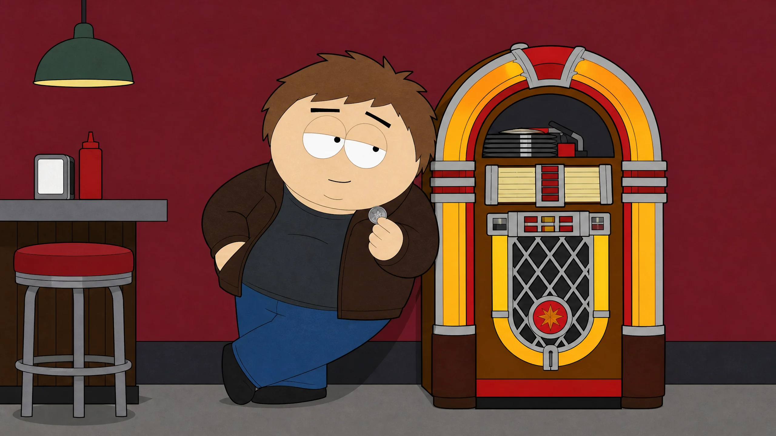 Personaggio cartoon davanti a un jukebox retro, pronto a scegliere una canzone