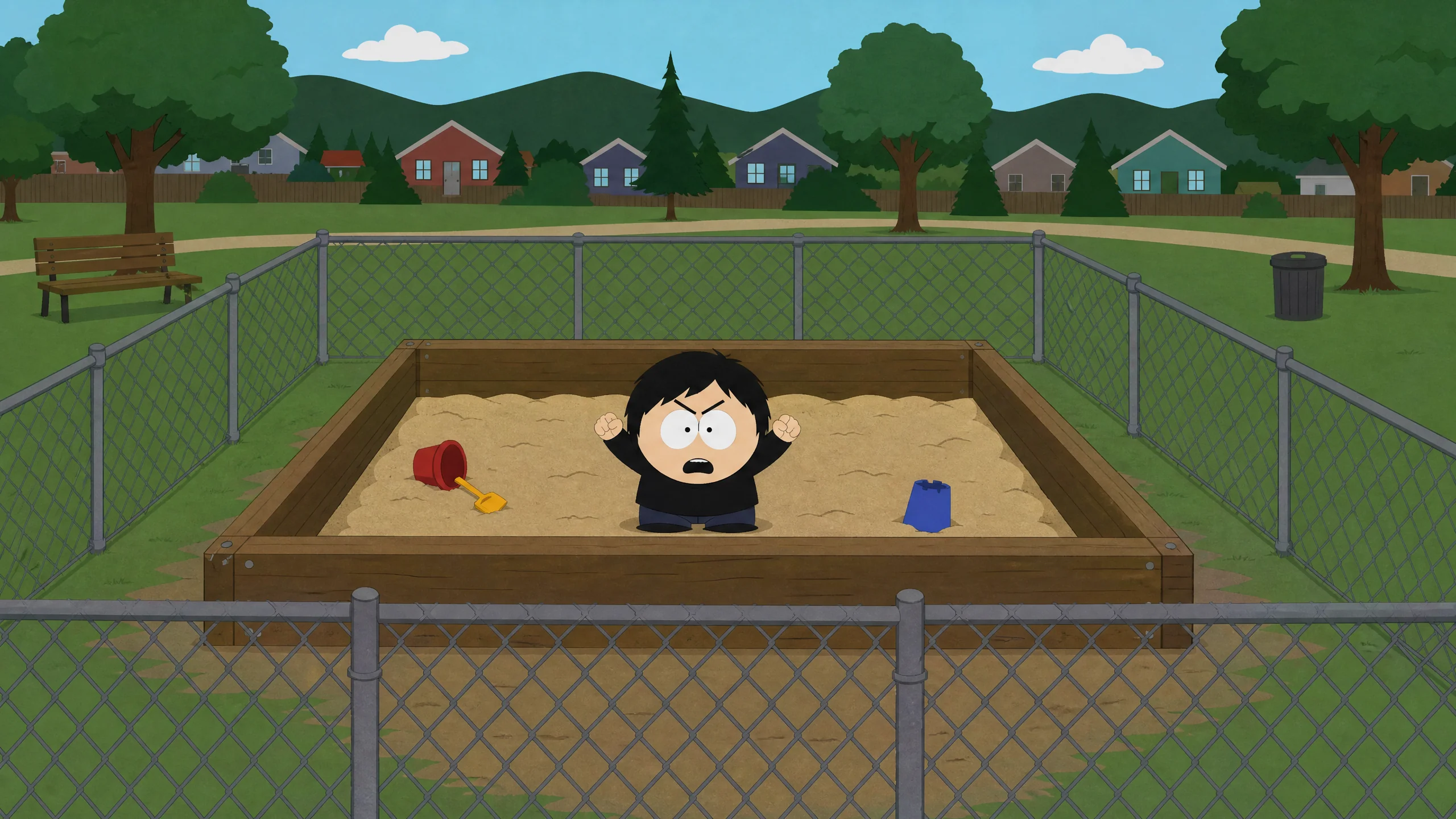 Personaggio cartoon dentro una sandbox recintata, con palette e paletta ai piedi