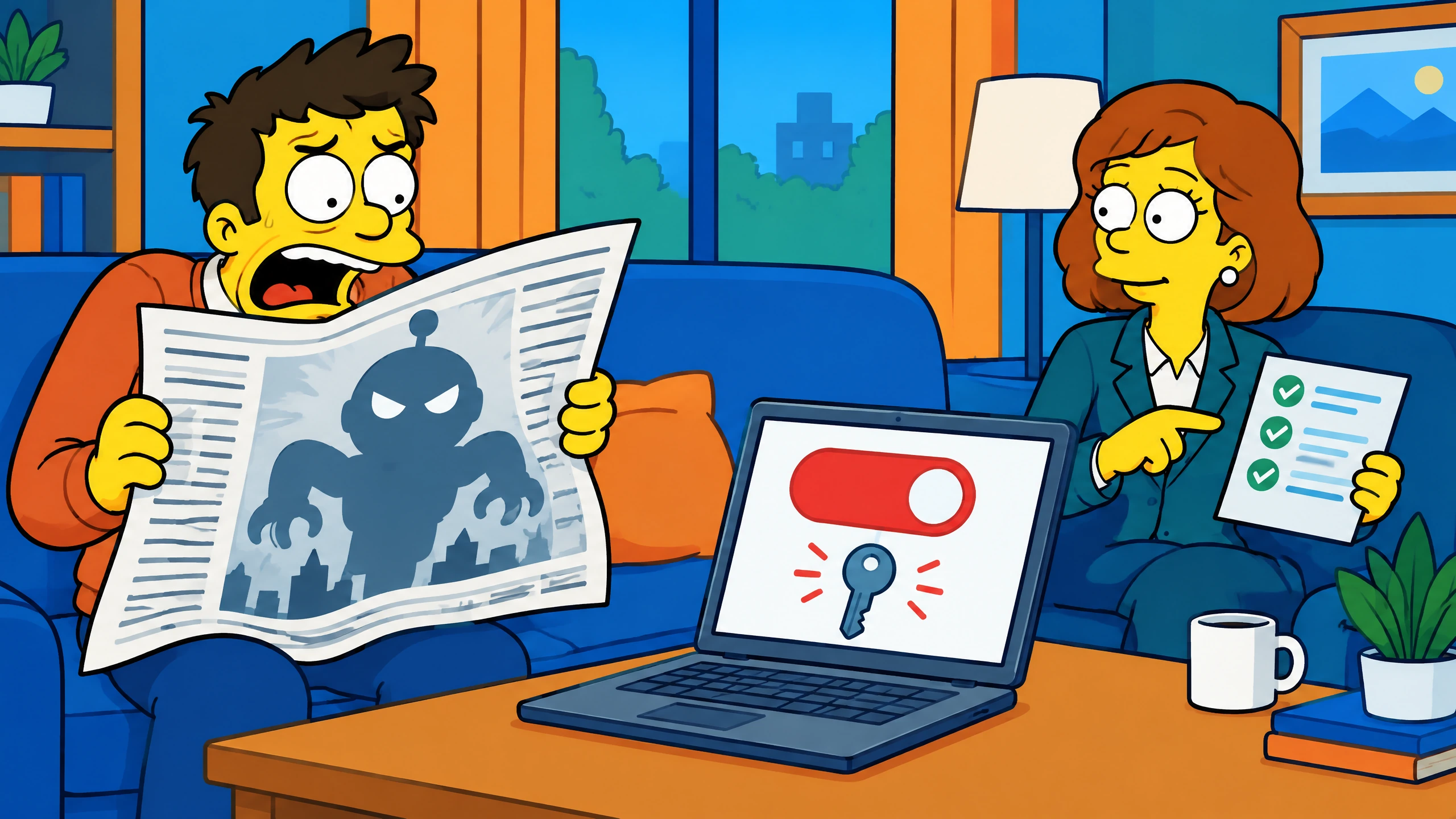 Lettore cartoon impaurito da un robot proiettato sul muro mentre ignora una console amministrativa aperta.