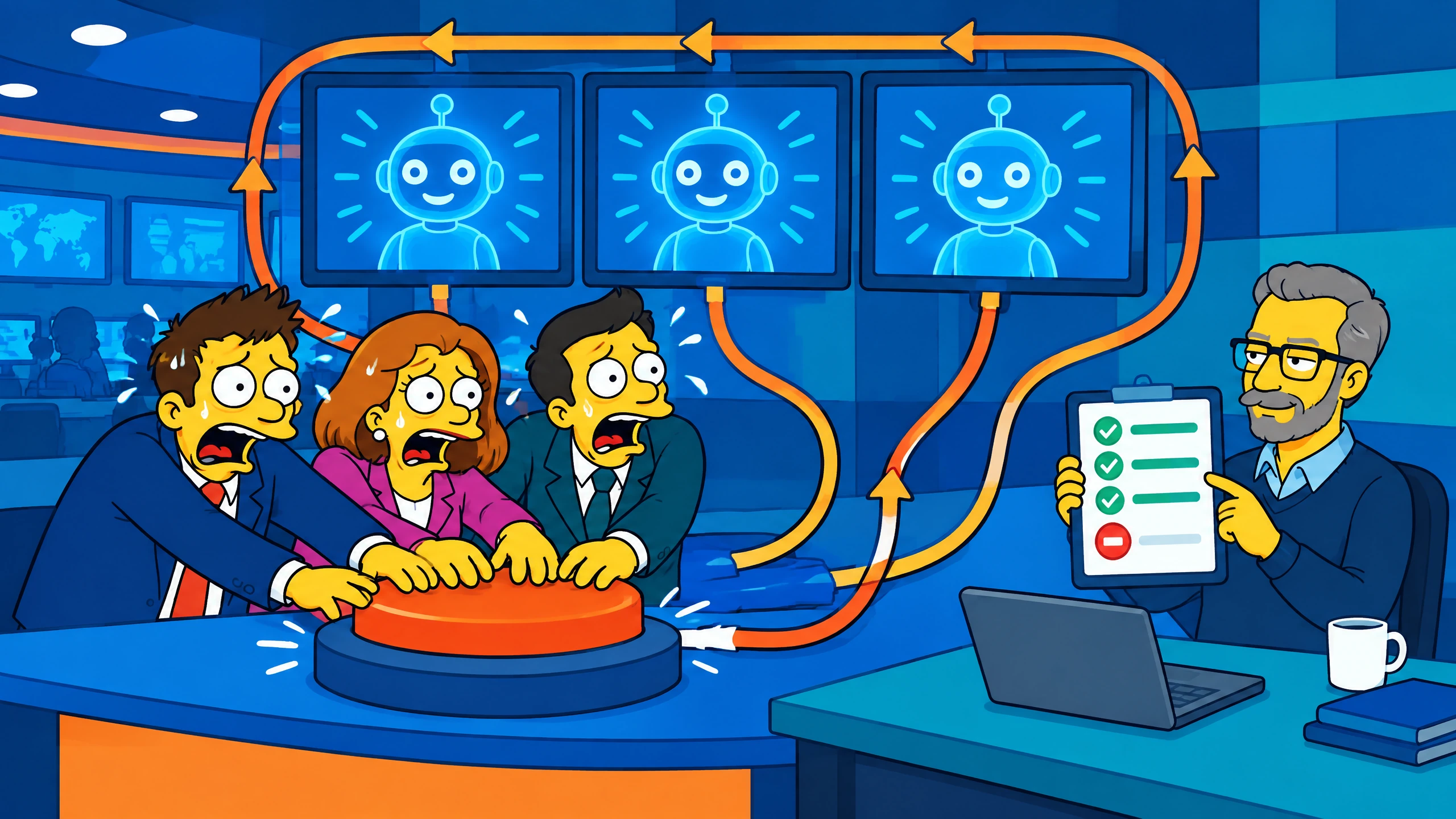Sala controllo AI con fonti curate, badge di accesso, approvazione umana, audit trail e arresto di emergenza.