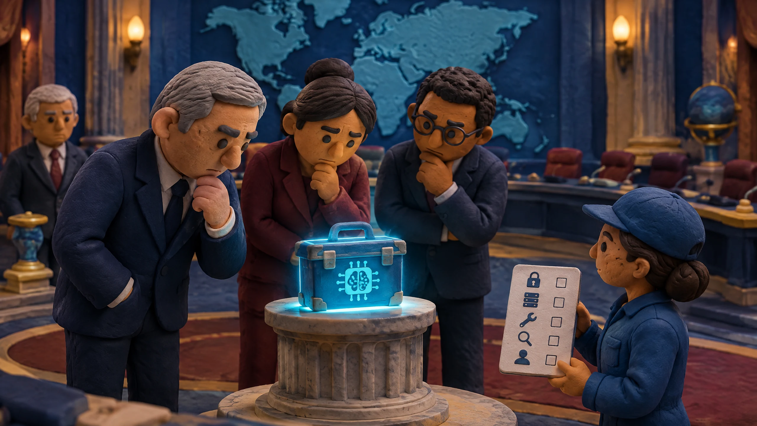 Sala diplomatica cartoon tratta una piccola scatola AI come un enorme ordigno mentre un tecnico mostra una checklist di controlli.