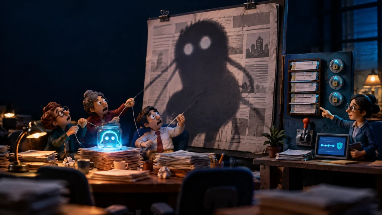 Redazione di plastilina trasforma un piccolo assistente AI in un’ombra mostruosa da prima pagina mentre una tecnica indica controlli e registri.