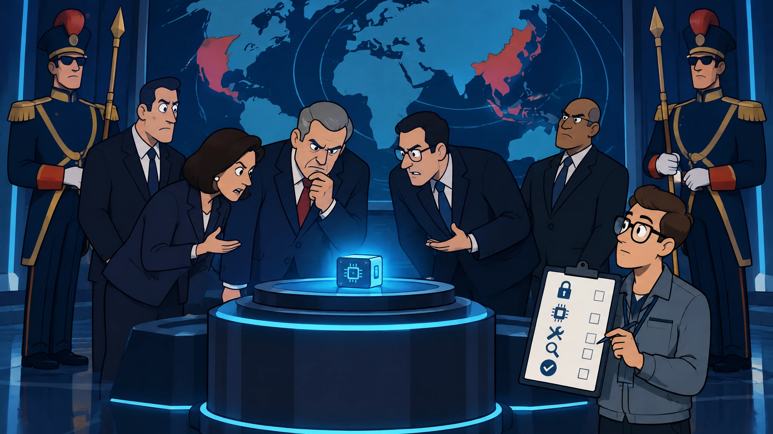 Sala diplomatica cartoon tratta una piccola scatola AI come un enorme ordigno mentre un tecnico mostra una checklist di controlli.