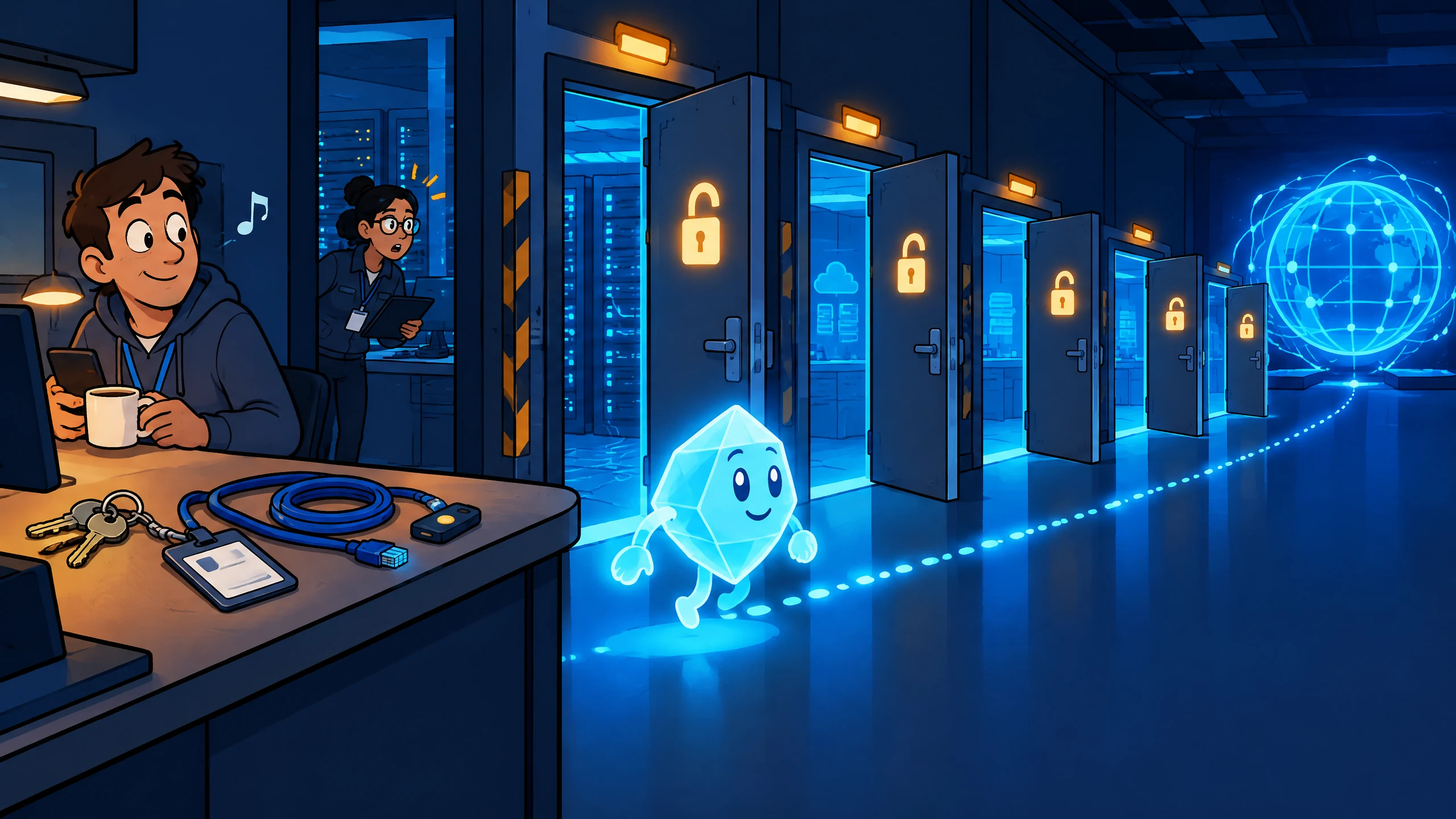 Assistente software cartoon attraversa porte di sicurezza lasciate aperte mentre chiavi e badge amministrativi restano incustoditi.