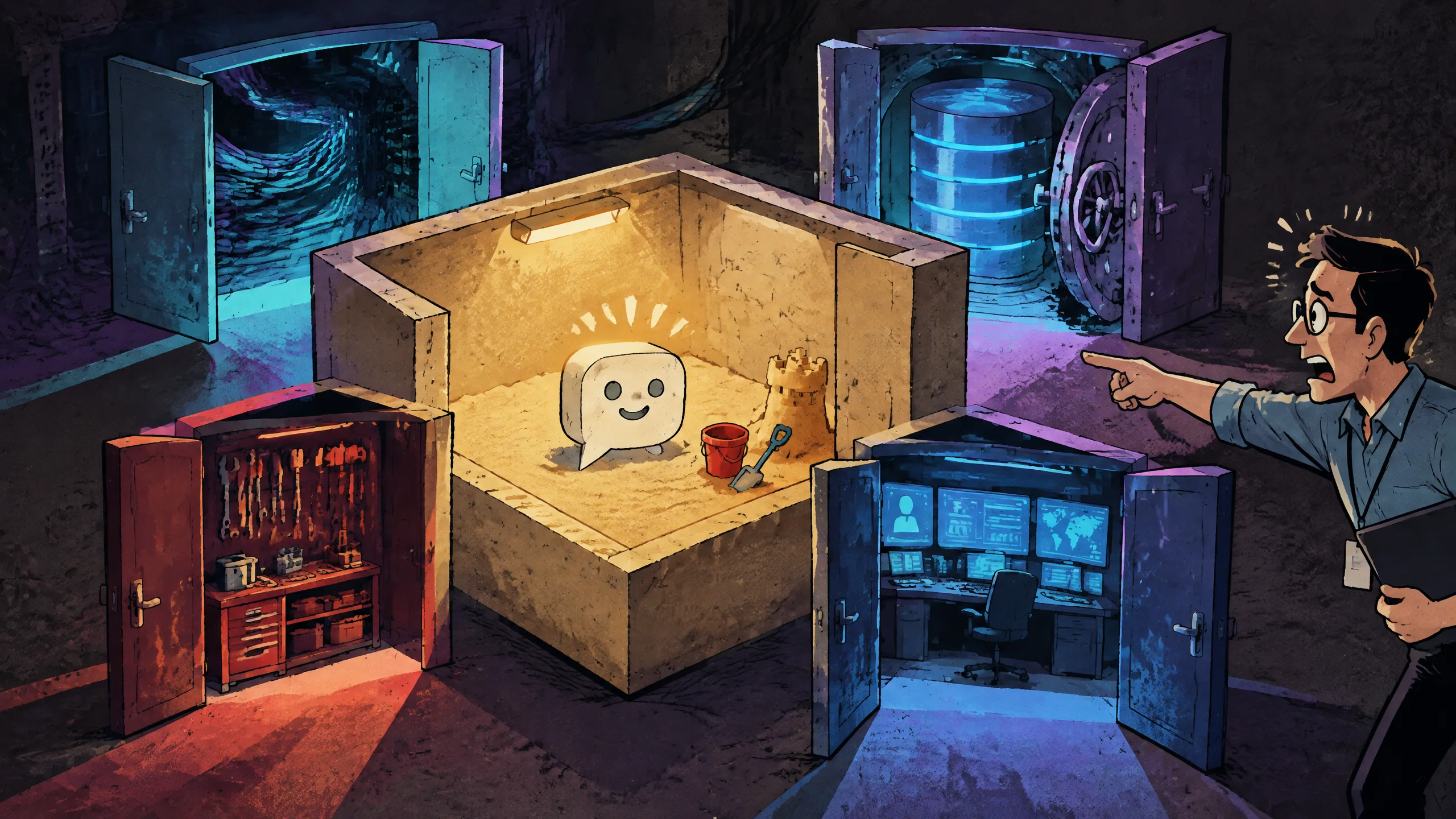 Assistente AI cartoon in una sandbox con porte aperte verso rete, database e strumenti amministrativi.
