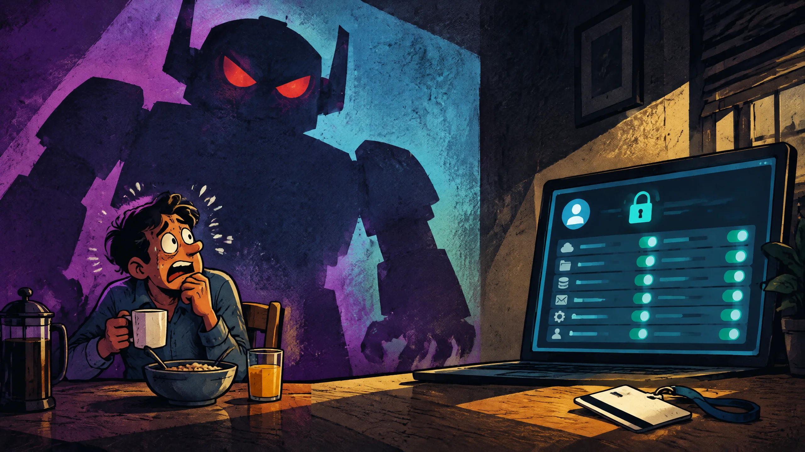 Lettore cartoon impaurito da un robot proiettato sul muro mentre ignora una console amministrativa aperta.