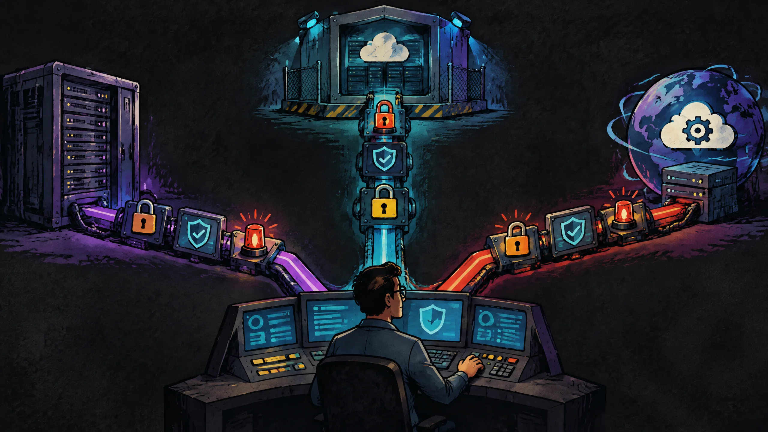 Console aziendale collega dati a server locale, cloud privato e API remota attraverso checkpoint di sicurezza.